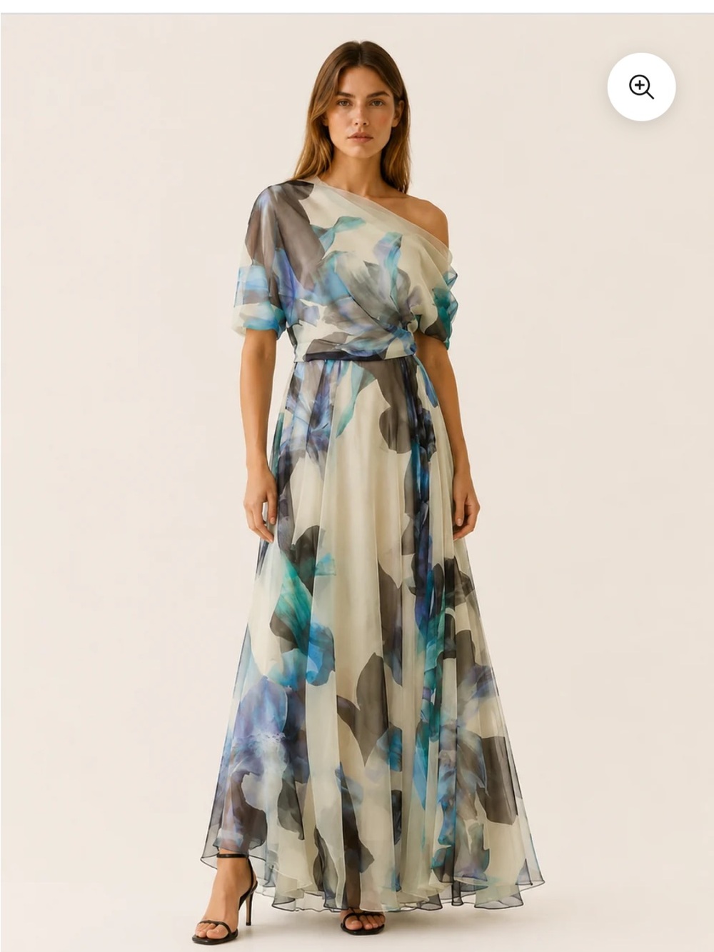JV Boutique Off-Shoulder Floral Chiffon Maxi Dress in Cream and Blue-Green